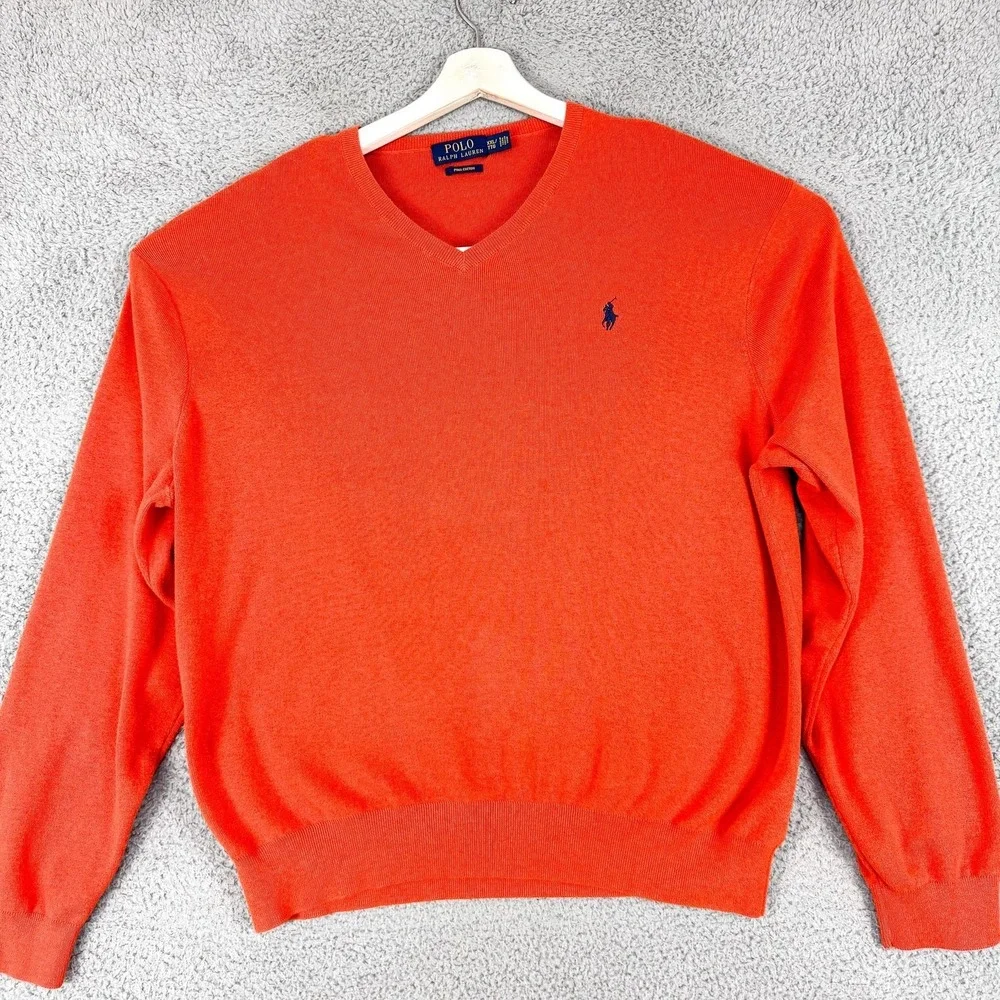 Polo Ralph Lauren‎ Sweater Mens 2XL Orange Pima Cotton V Neck Pullover Pony Logo